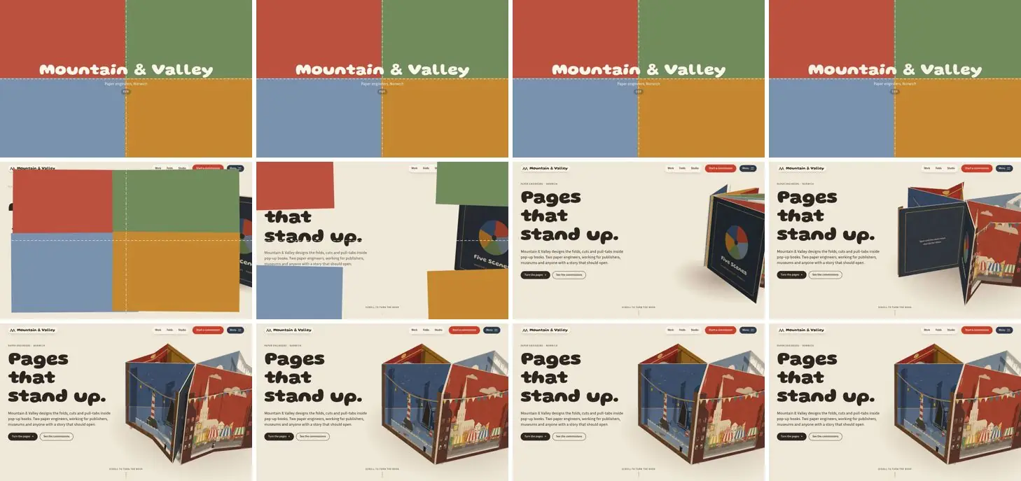 Twelve frames of MOUNTAIN & VALLEY opening, left to right, top to bottom