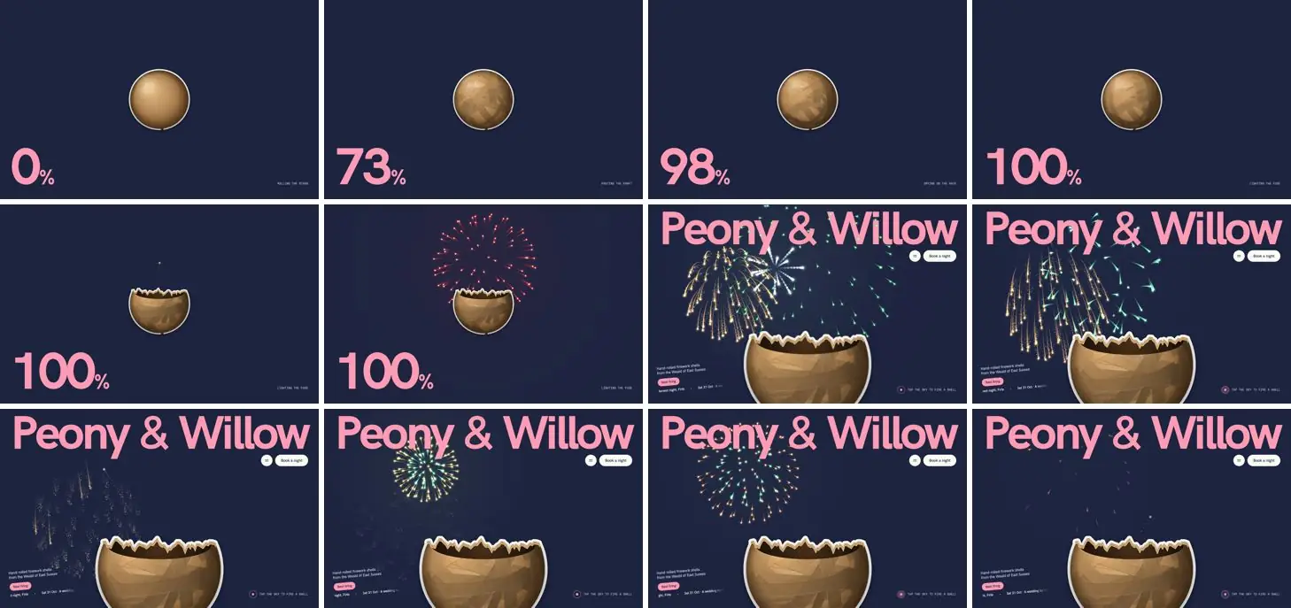 Twelve frames of PEONY & WILLOW opening, left to right, top to bottom