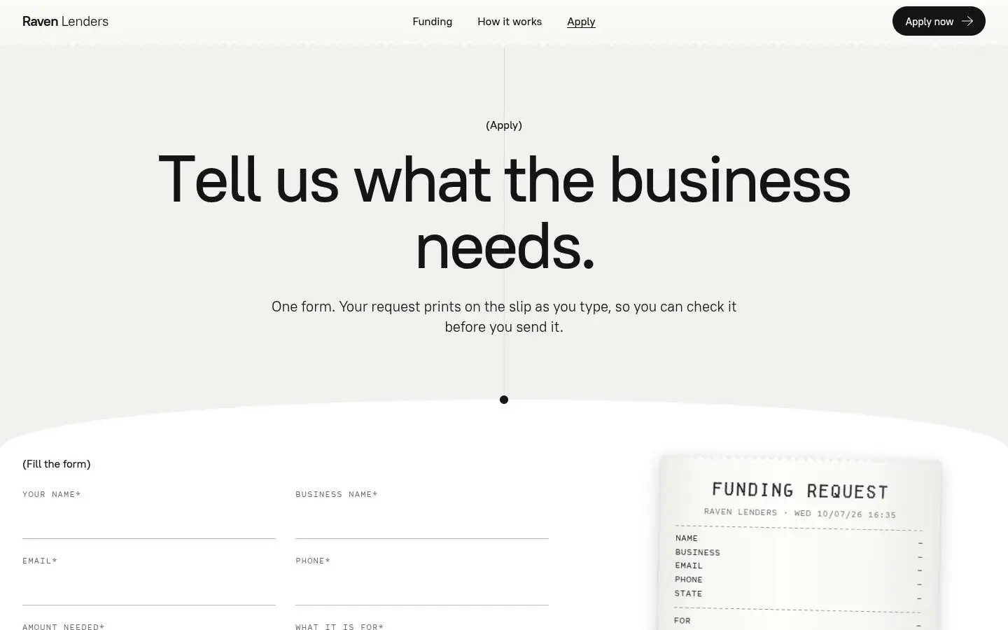 RAVEN LENDERS „Batch Close”: the apply page