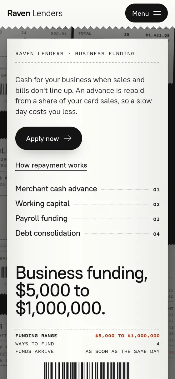 RAVEN LENDERS „Batch Close” on a phone, screen 1