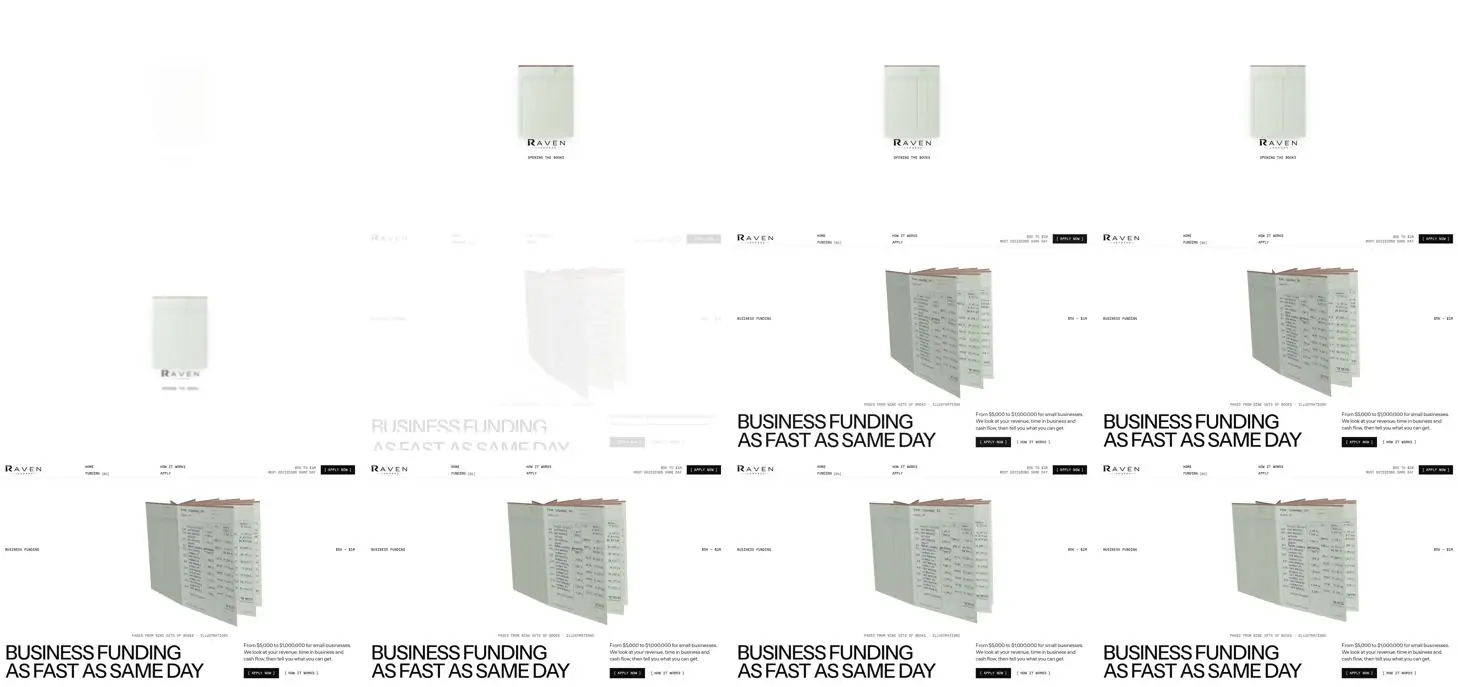 Twelve frames of RAVEN LENDERS „Columnar” opening, left to right, top to bottom