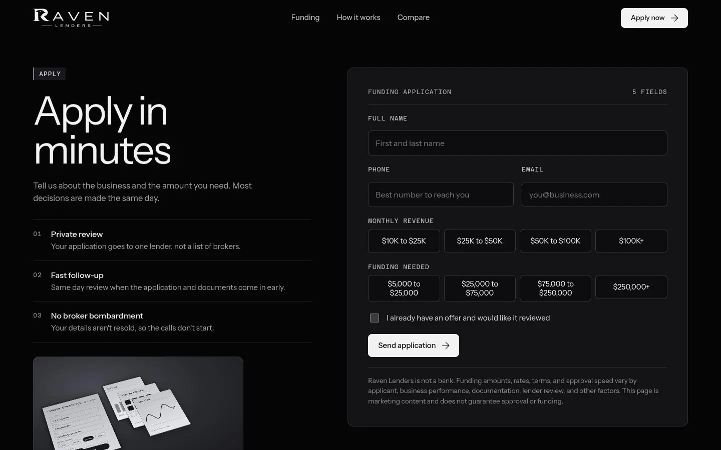 RAVEN LENDERS „Plumage”: the apply page
