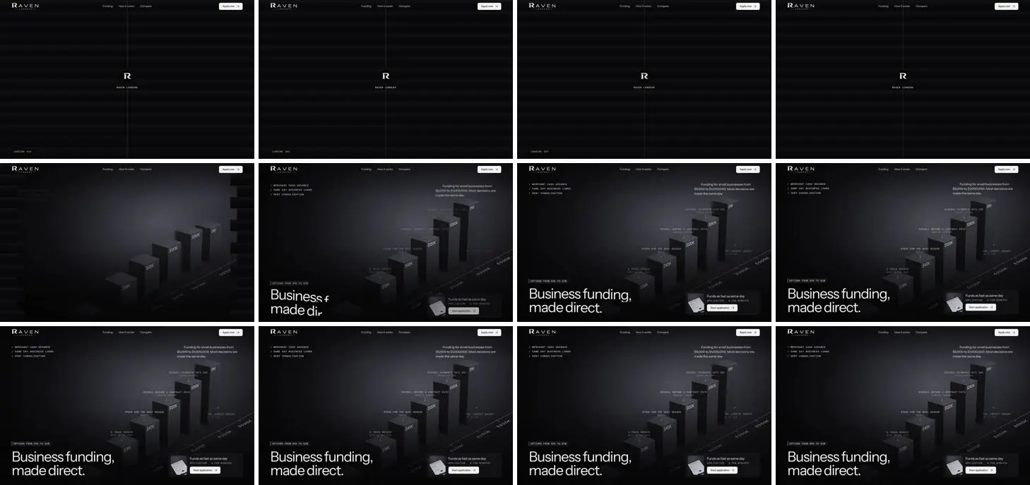 Twelve frames of RAVEN LENDERS „Plumage” opening, left to right, top to bottom