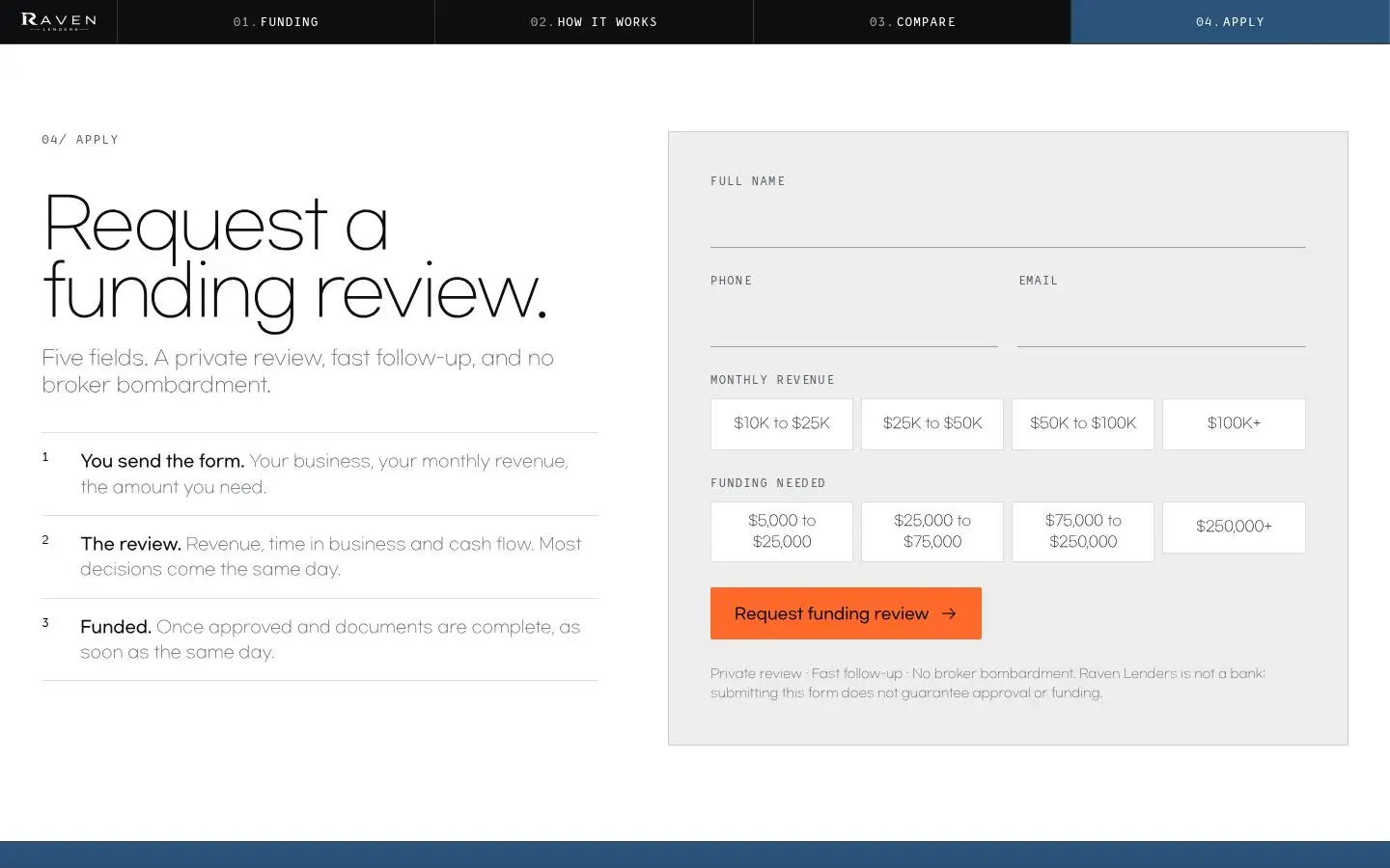RAVEN LENDERS „Running Balance”: the apply page