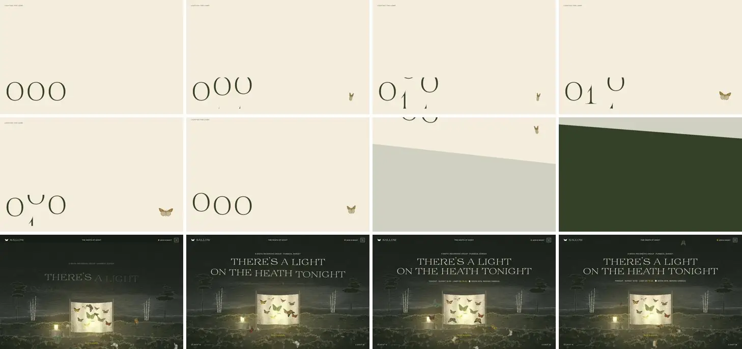 Twelve frames of SALLOW opening, left to right, top to bottom