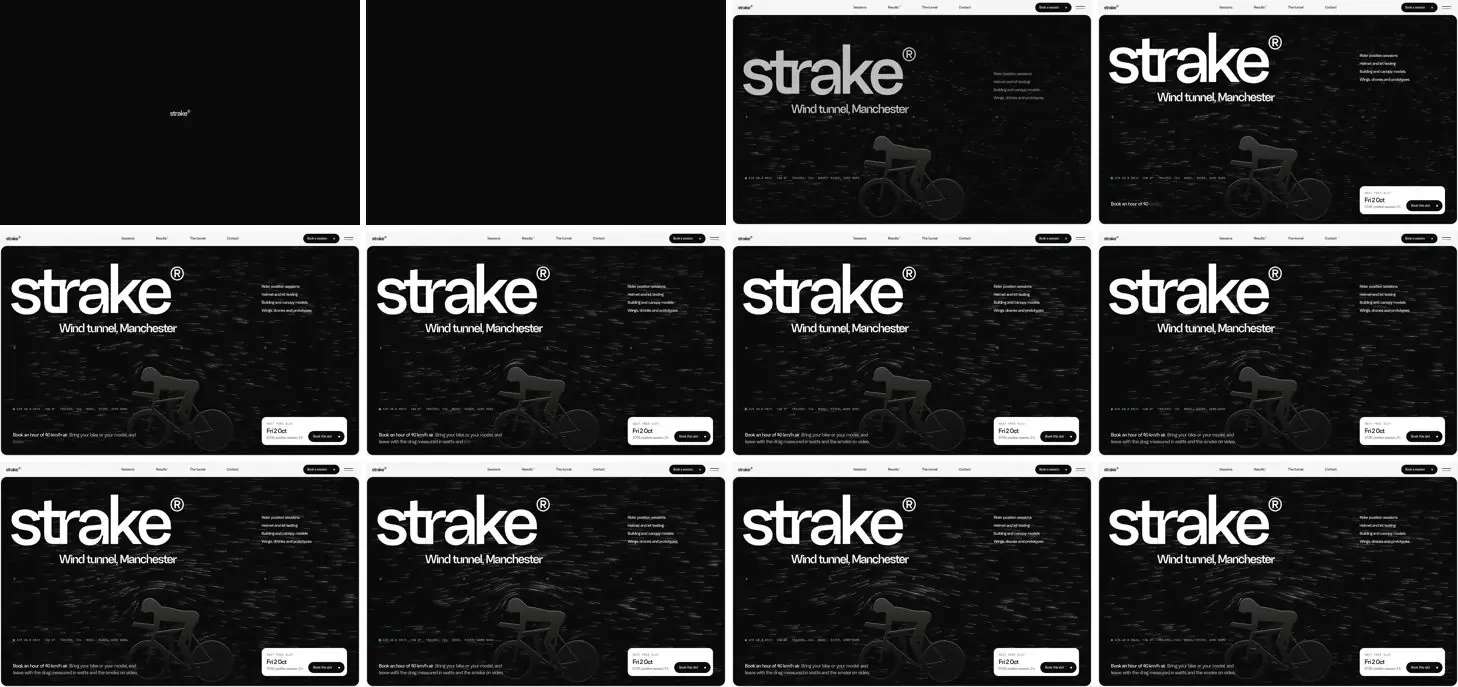 Twelve frames of STRAKE opening, left to right, top to bottom