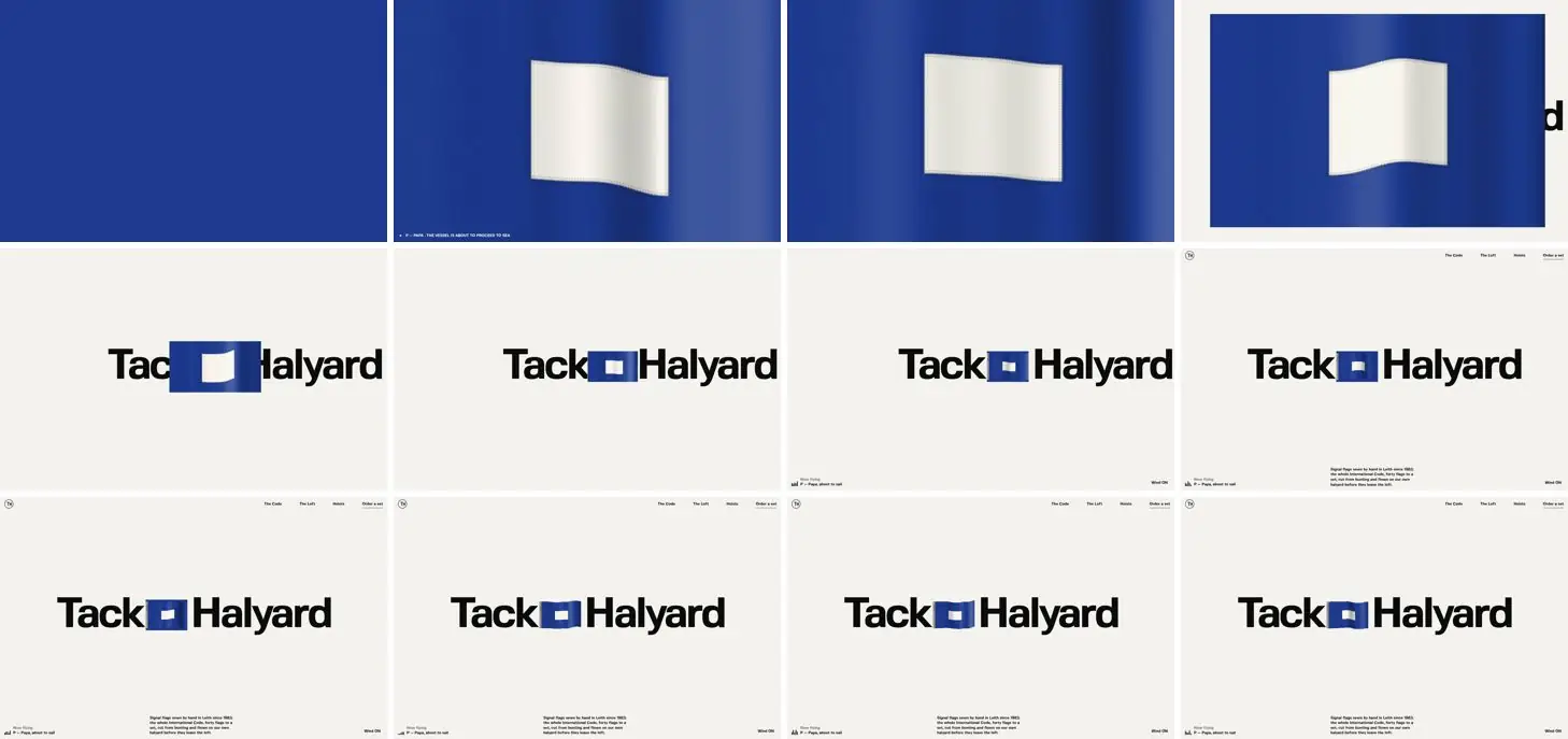 Twelve frames of TACK & HALYARD opening, left to right, top to bottom