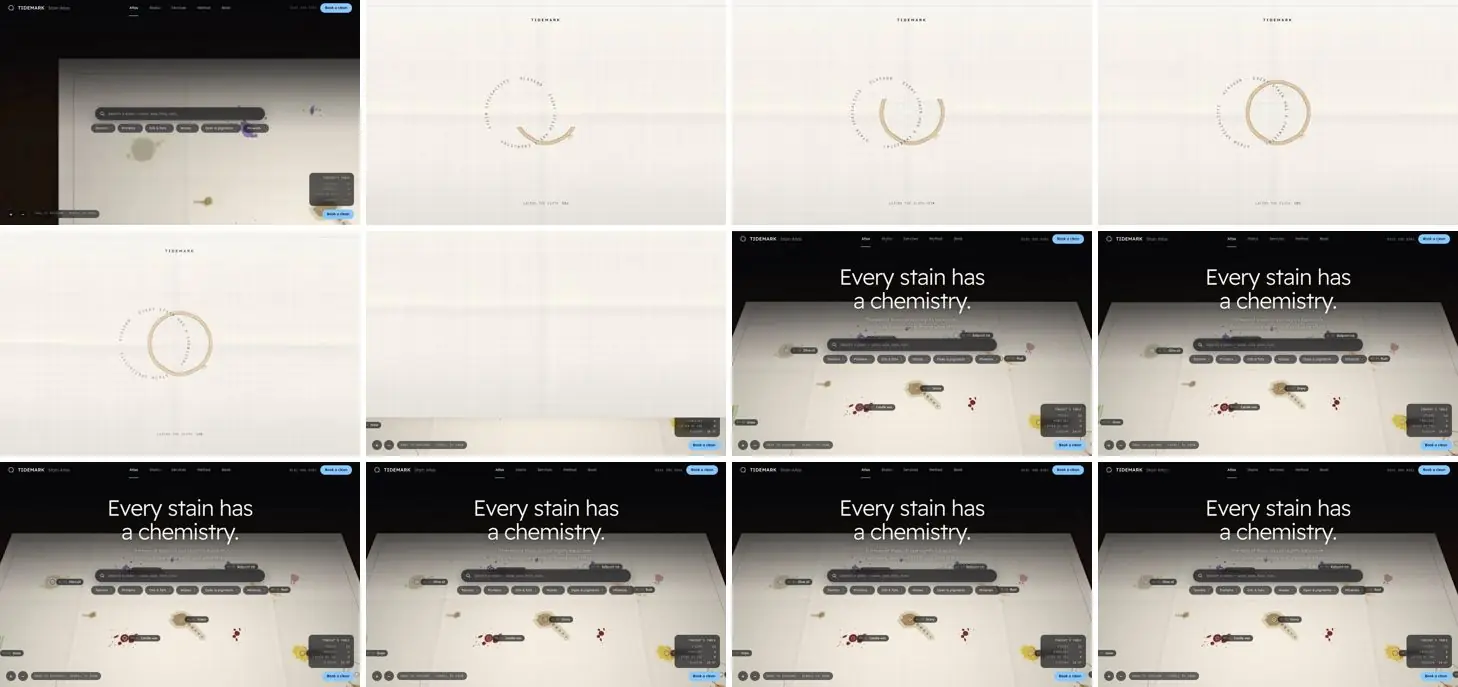 Twelve frames of TIDEMARK opening, left to right, top to bottom