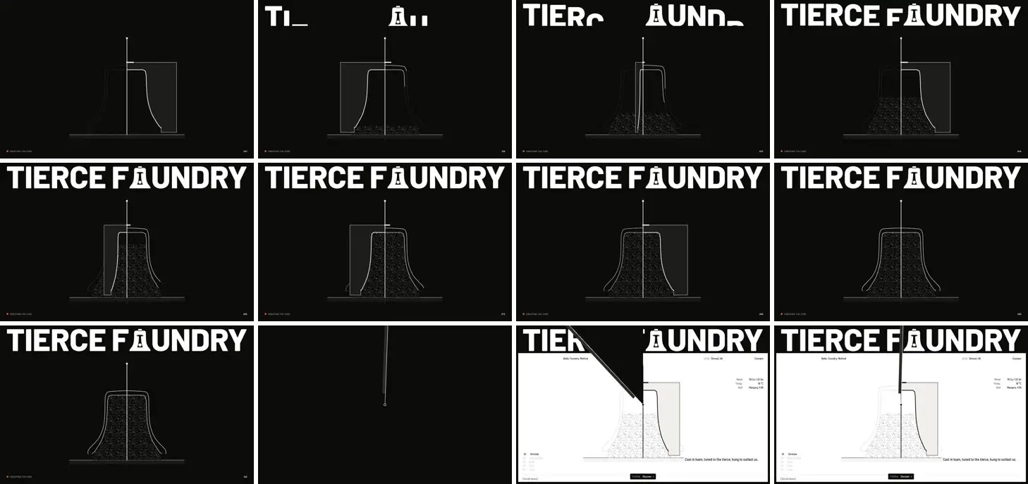 Twelve frames of TIERCE FOUNDRY opening, left to right, top to bottom