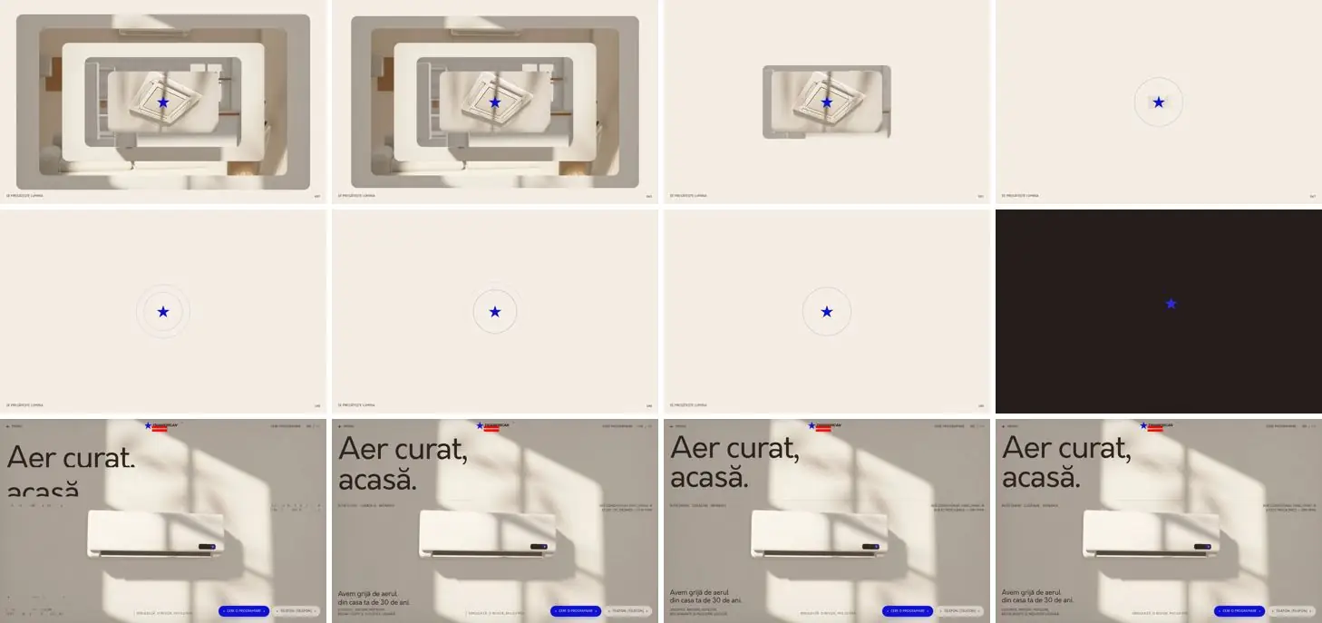 Twelve frames of TRIAMERICAN „Porțelan” opening, left to right, top to bottom