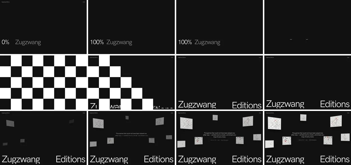 Twelve frames of ZUGZWANG Editions opening, left to right, top to bottom