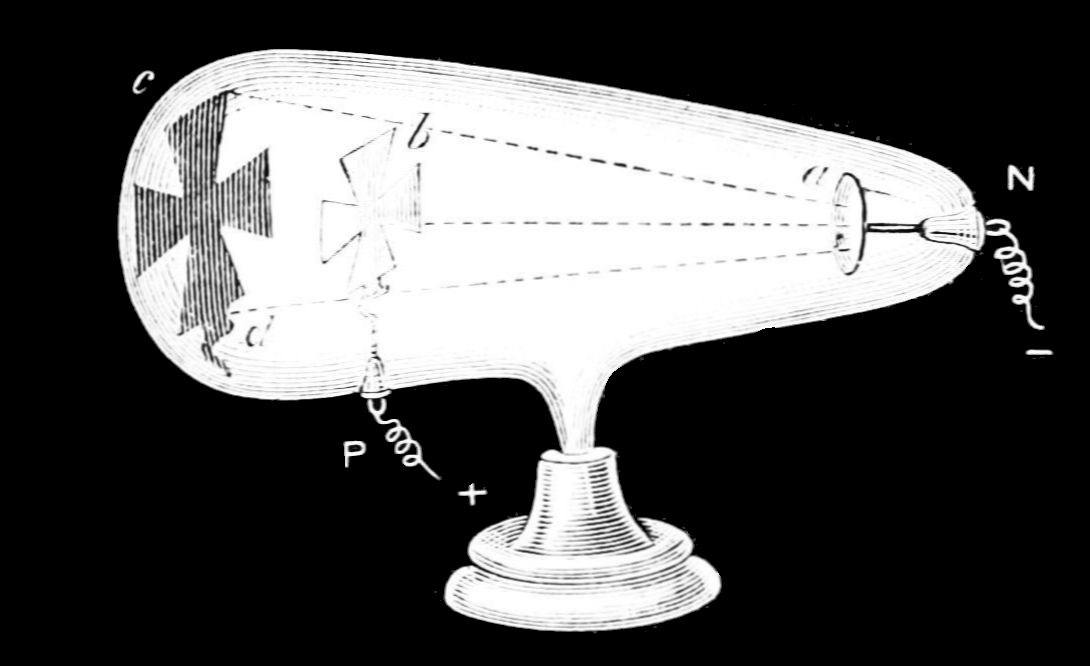 1879 engraving of a Crookes tube: a Maltese cross casts a shadow on the glowing phosphorescent wall.