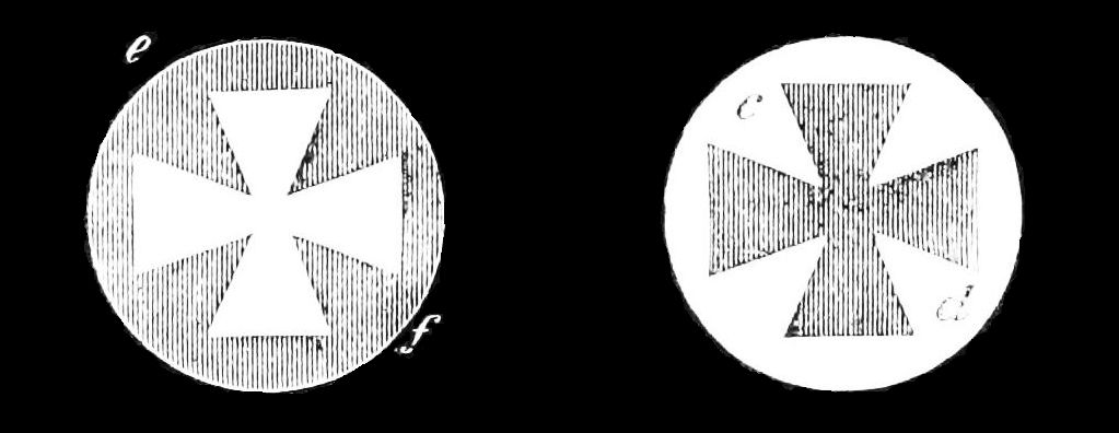 1879 engraving of two phosphorescent screens, the cross reading dark on light and light on dark.