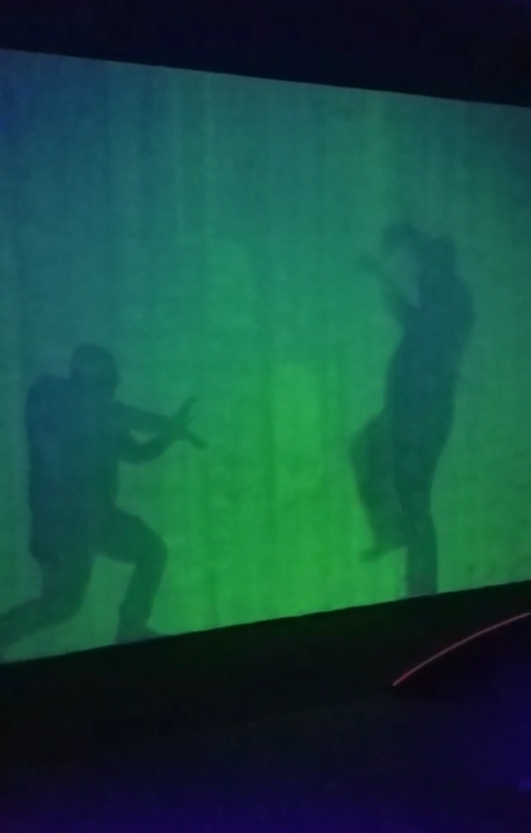 A glow-in-the-dark wall with the silhouettes of people left on it after the light went out.