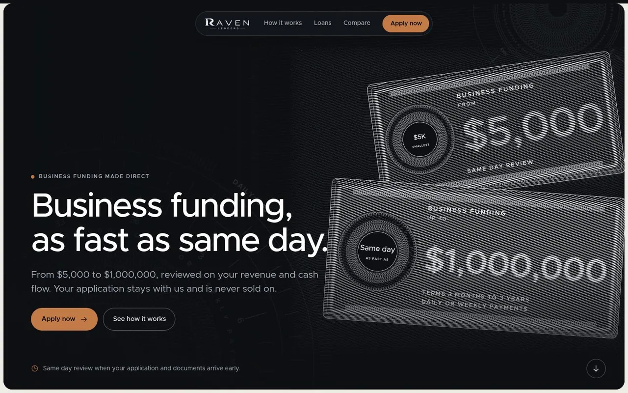The top of Raven Lenders as it looks in a browser.