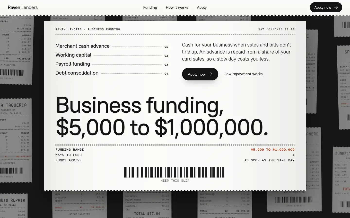 RAVEN LENDERS „Batch Close” — full home page capture