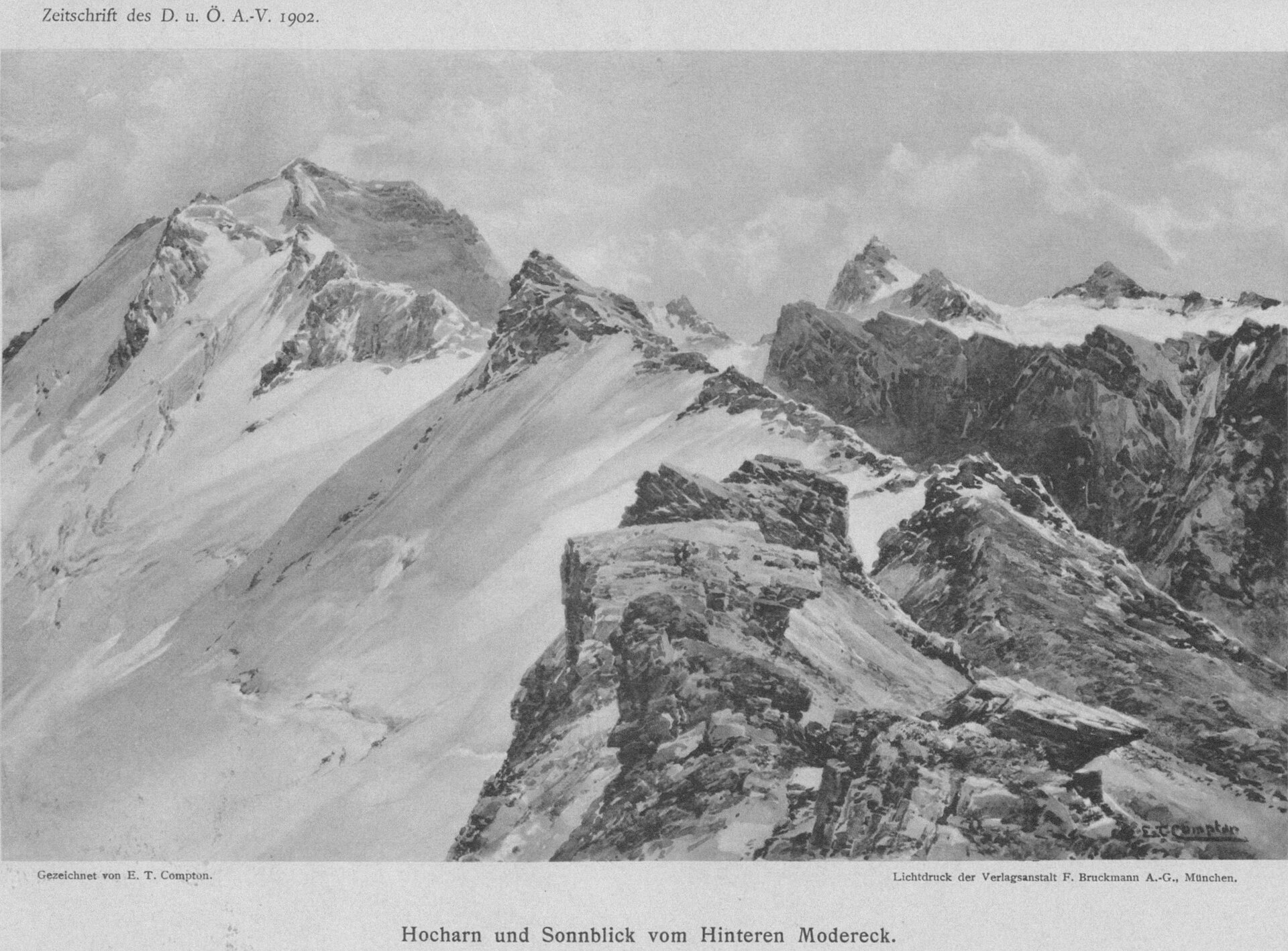 Hocharn and Sonnblick, print by E. T. Compton, 1902