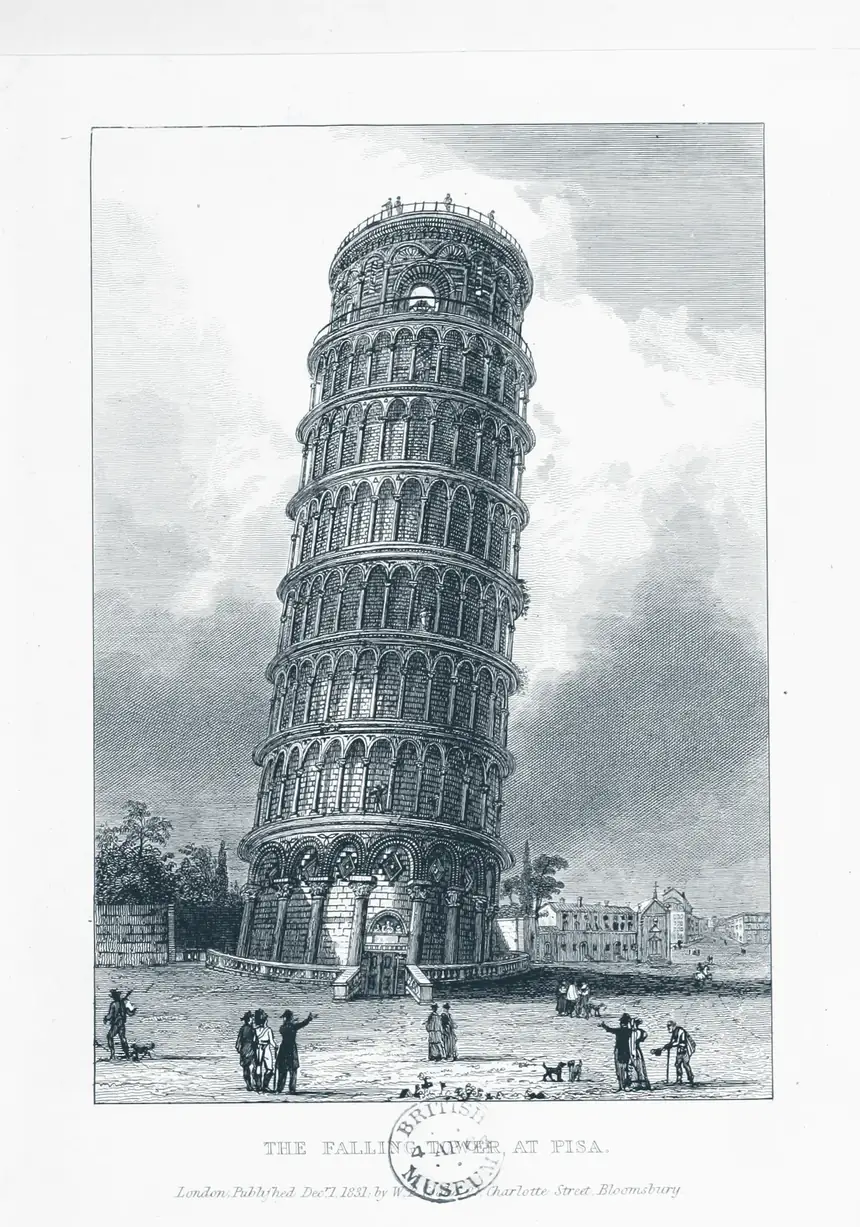 Engraving of the leaning campanile of Pisa with figures in the square, 1833