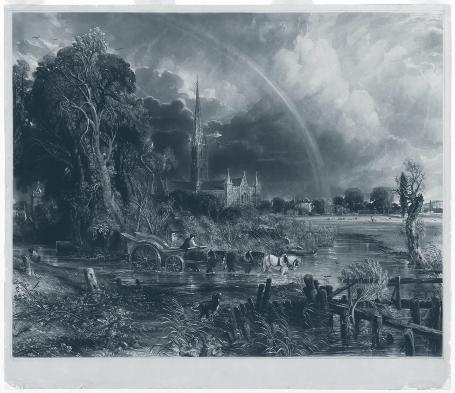 Mezzotint of Salisbury Cathedral's spire seen across the water meadows under a rainbow