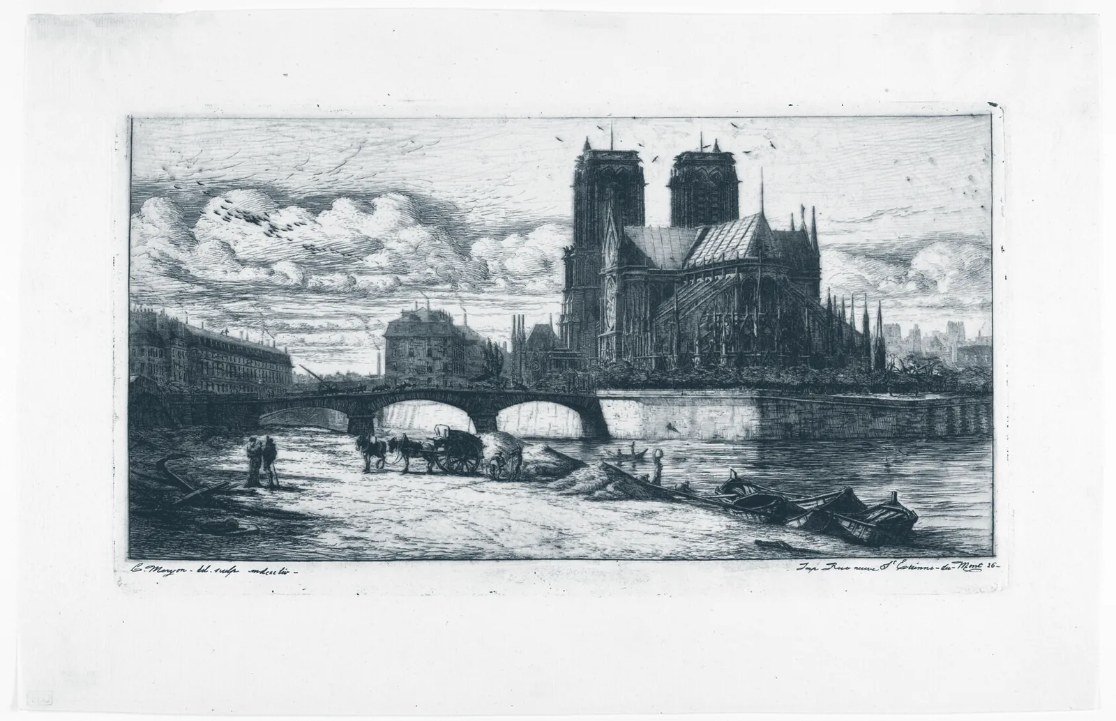 Etching of the apse of Notre-Dame de Paris and its flying buttresses seen from across the Seine