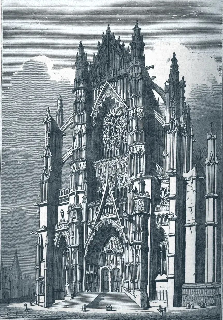 Woodcut of Beauvais Cathedral's choir and transept from the south-east, 1834