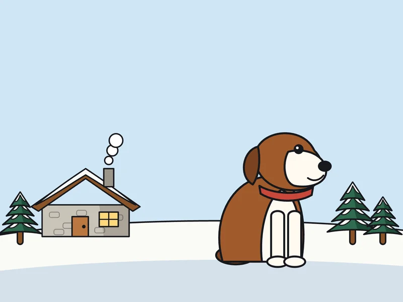 A St Bernard sitting in the snow in front of a stone hut