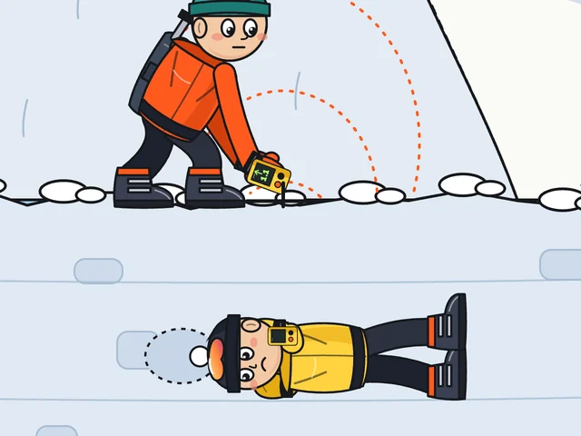 Fine search: a skier holds the transceiver low over the snow above a buried friend