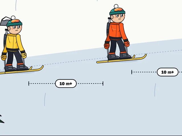 Three ski tourers cross a steep slope one at a time, at least ten metres apart