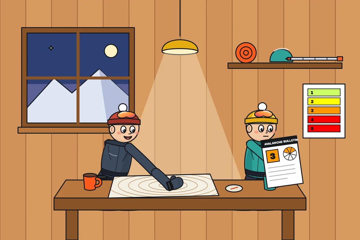 Evening in the hut: a guide traces tomorrow’s route on the map while a student reads the avalanche bulletin