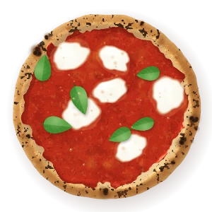 Bufala, seen from above: tomato, mozzarella di bufala, basil added after the oven