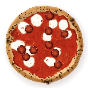 Diavola, seen from above: tomato, fior di latte, spicy salami, fresh chilli, hot honey