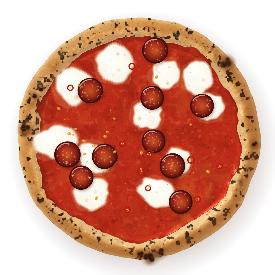 Diavola, seen from above: tomato, fior di latte, spicy salami, fresh chilli, hot honey