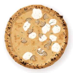 Funghi, seen from above: fior di latte, chestnut mushrooms, garlic, rosemary, vegetarian hard cheese