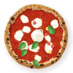 Jewel Street, seen from above: tomato, fior di latte, red and yellow datterini, a whole burrata after the oven, basil