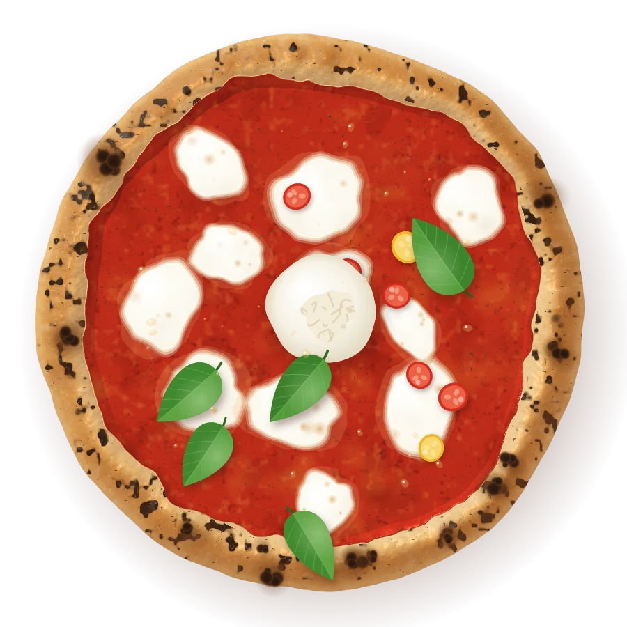 Jewel Street, seen from above: tomato, fior di latte, red and yellow datterini, a whole burrata after the oven, basil