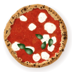 Margherita, seen from above: tomato, fior di latte, basil, olive oil