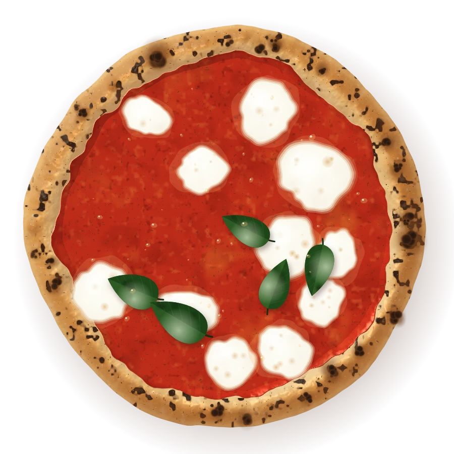 Margherita, seen from above: tomato, fior di latte, basil, olive oil