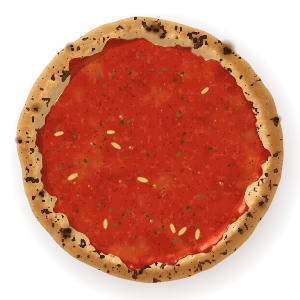 Marinara, seen from above: tomato, garlic, oregano, olive oil — no cheese, the oldest one