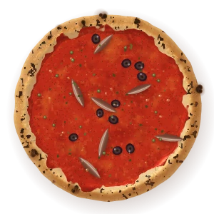 Napoli, seen from above: tomato, anchovies, capers, black olives, oregano — no cheese