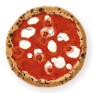 ’Nduja, seen from above: tomato, fior di latte, ’nduja, ricotta, red onion