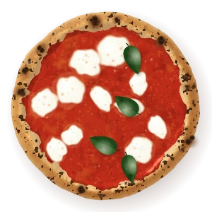 Vegan Margherita, seen from above: tomato, plant-based mozzarella, basil, olive oil