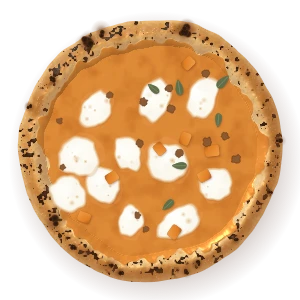 Zucca, seen from above: October's pizza: roast pumpkin cream, fior di latte, crisp sage, walnuts