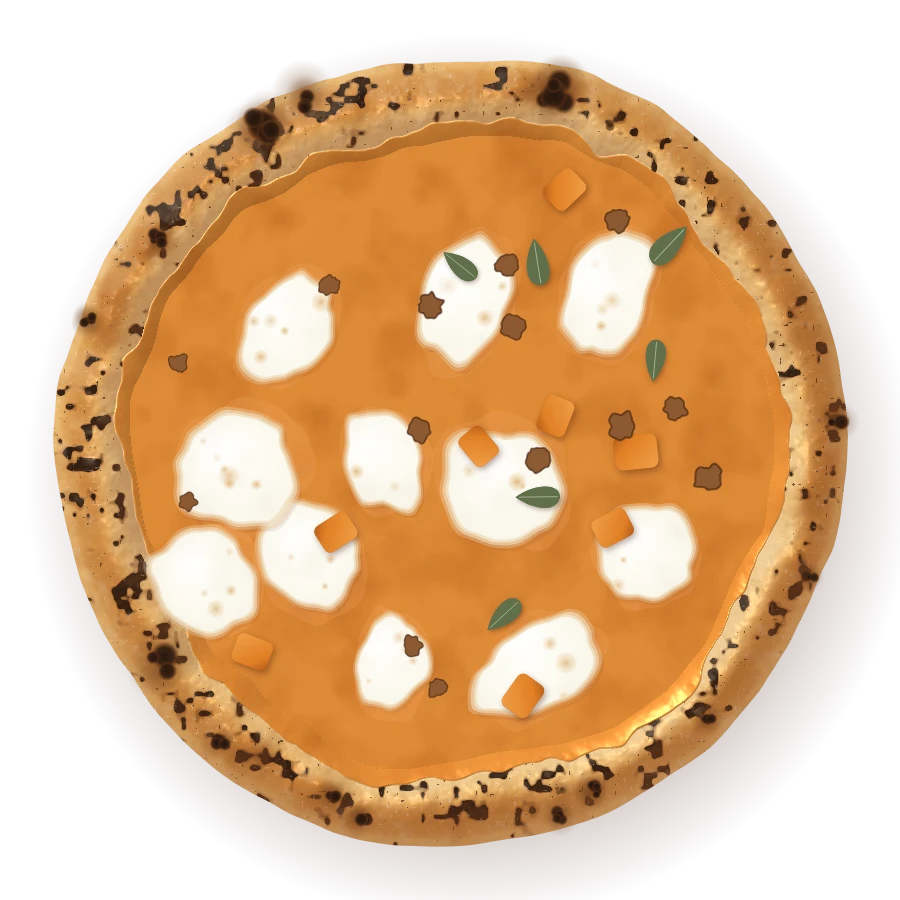Zucca, seen from above: October's pizza: roast pumpkin cream, fior di latte, crisp sage, walnuts