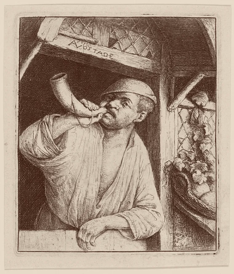 Etching: a baker leaning on his half-door, blowing a horn, a basket of bread behind him