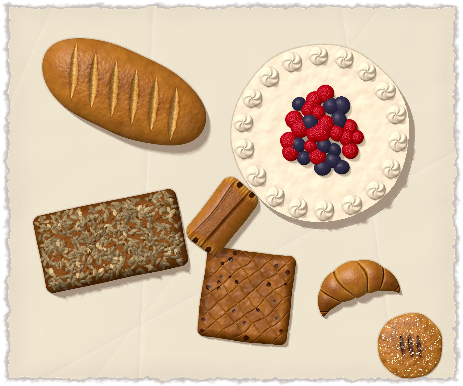 A celebration cake, a bloomer, seeded rye, lardy cake, a croissant and a pain au chocolat laid out on baking paper