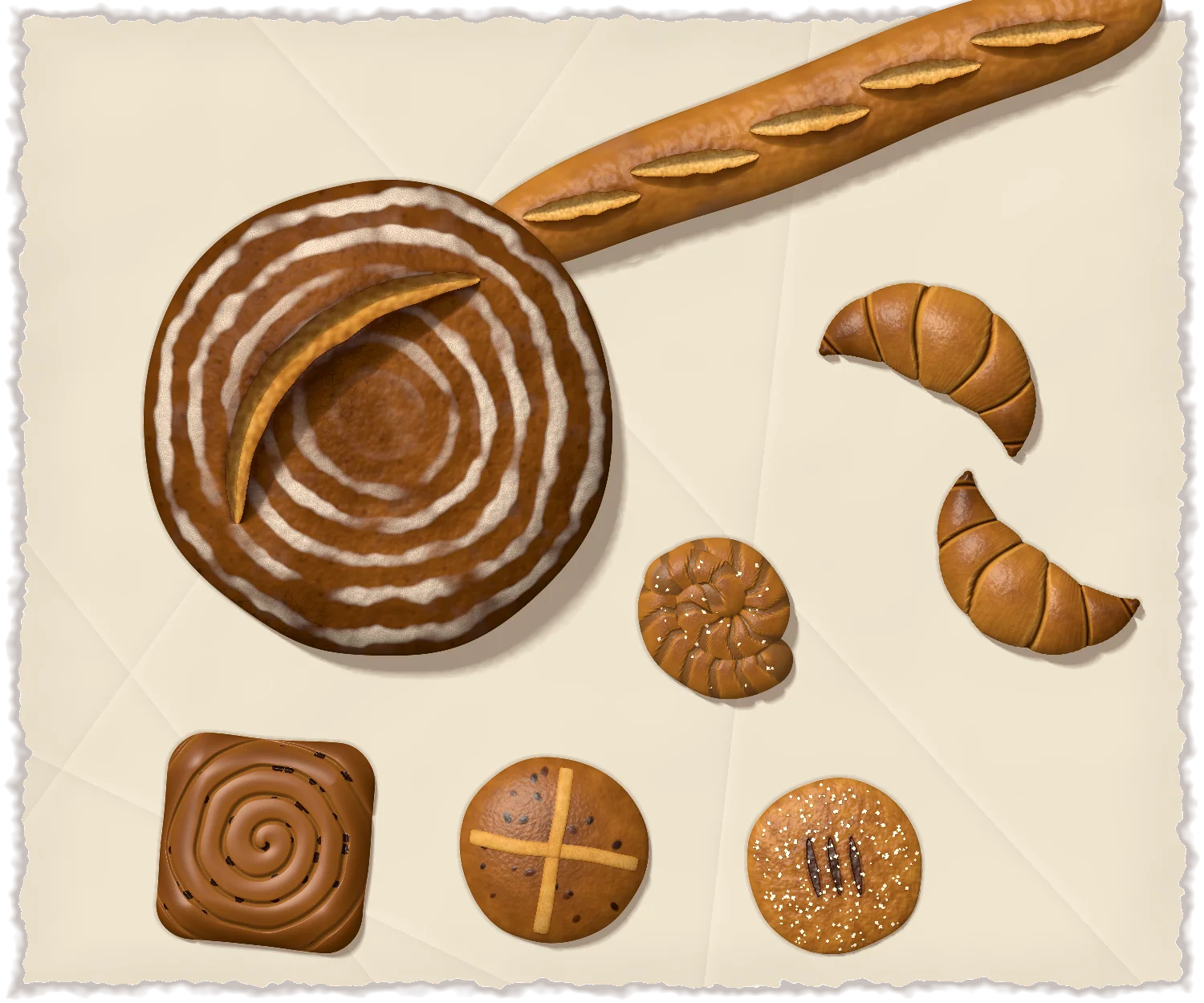 This morning's bake laid out on baking paper: a floured sourdough, a baguette, two croissants, a cardamom knot, a Chelsea bun, a hot cross bun and an Eccles cake