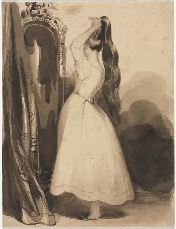 Achille Devéria, Young Woman Combing Her Hair, before 1857
