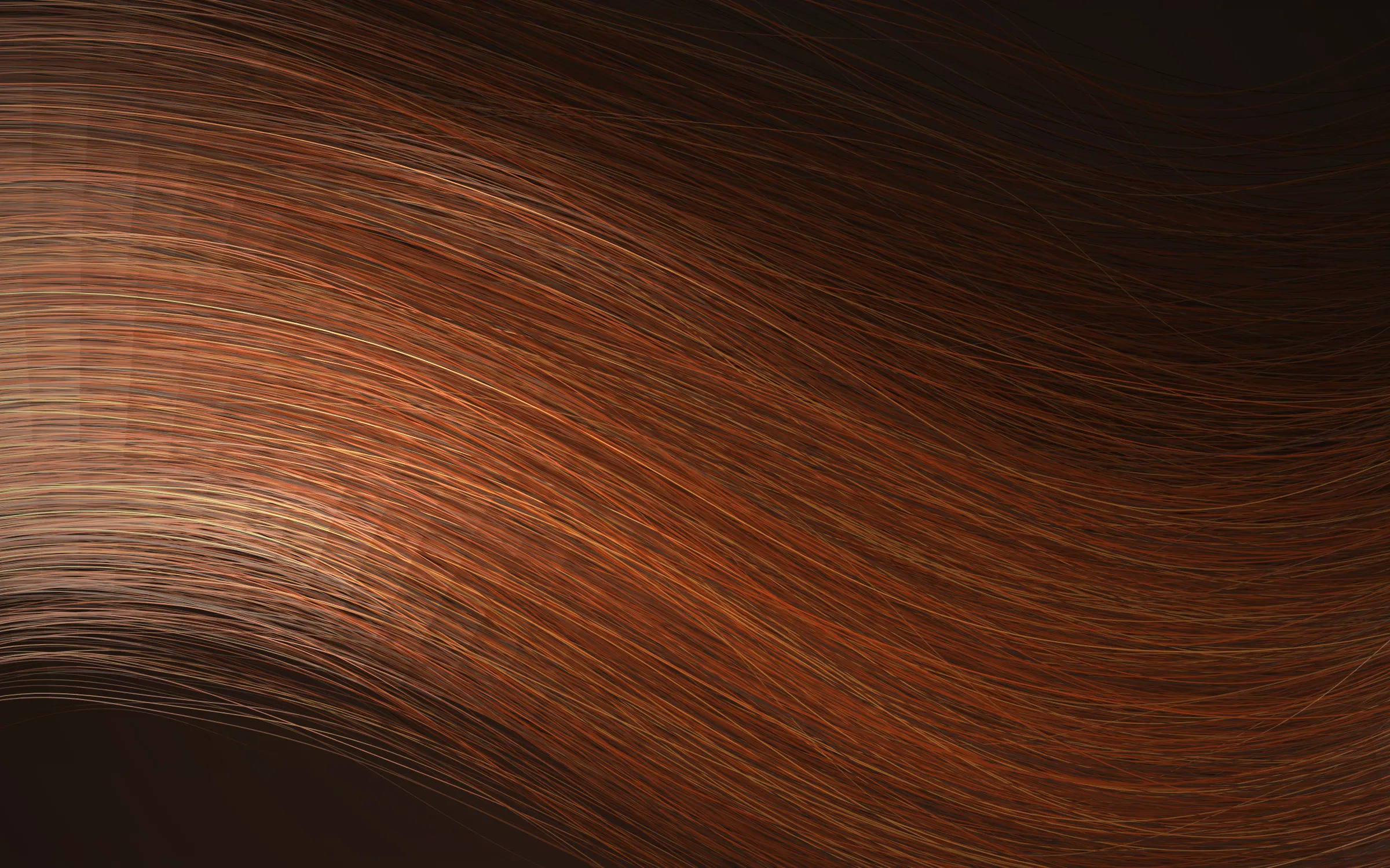 A sweep of copper hair, lit from above