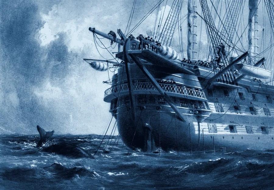 HMS Agamemnon at sea laying the 1858 Atlantic cable, a whale crossing the line in the foreground.