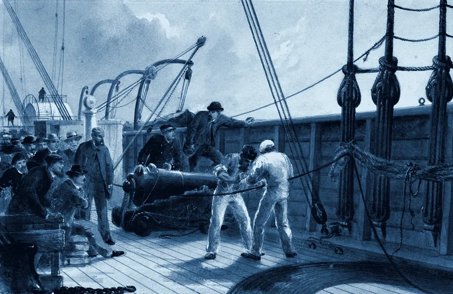 Sailors and engineers on the deck of the Great Eastern splicing the cable beside a gun carriage.